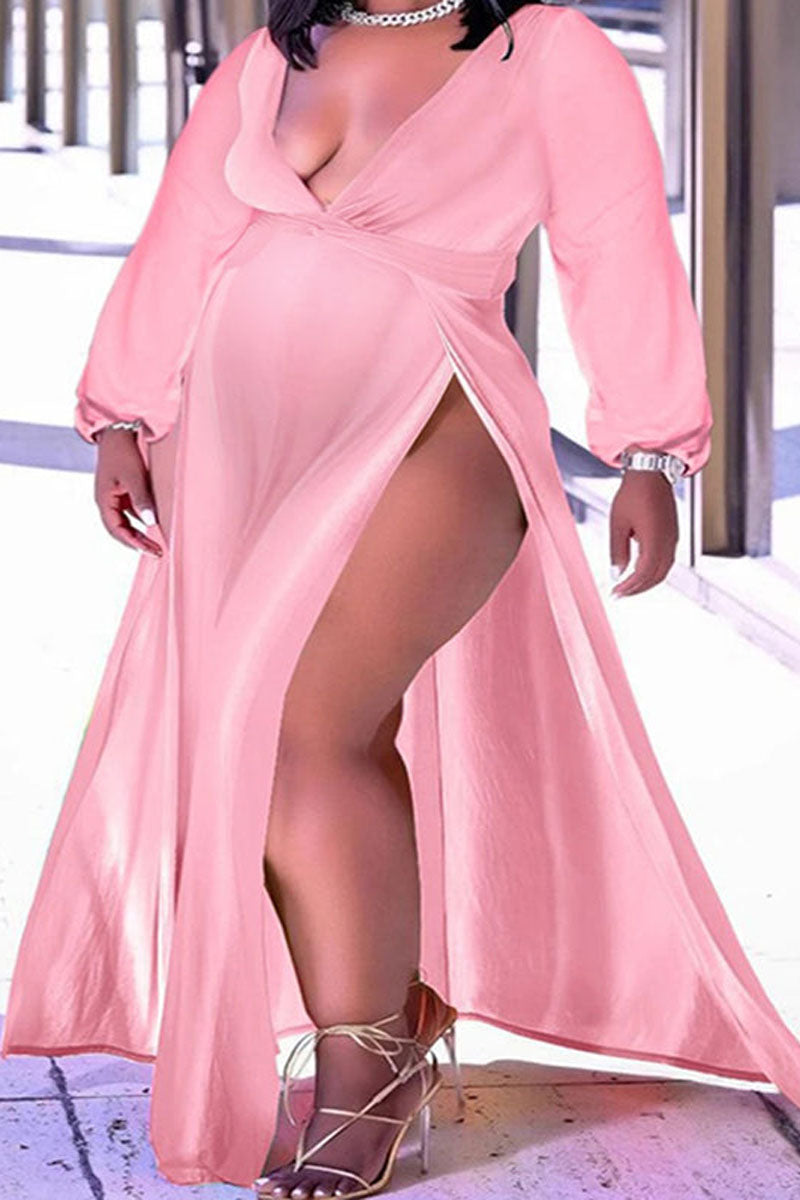 [Pre-Sale] Plus Size Long Sleeve High Opening Maternity Maxi Dress - Fashionaviv-Maternity Dresses-[product_label]