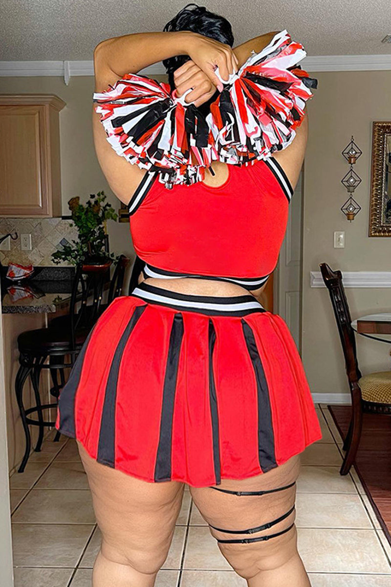 Plus Size Patchwork Contrast Sleeveless Pleated Skirt Two Piece Set