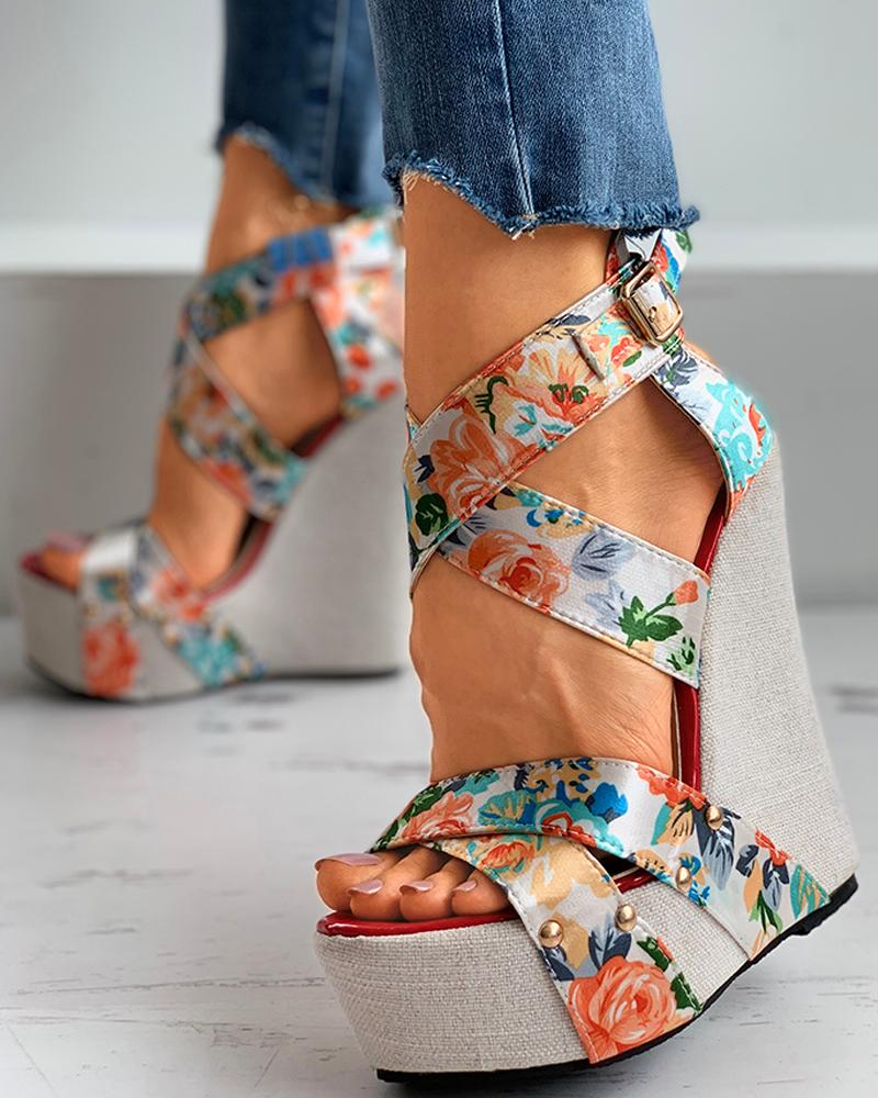 Floral Print Satin Bandage Wedge Sandals