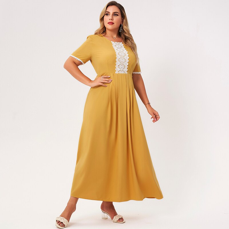 Summer New Arrivals Ladies Plus Size Large Round Neck Lace Elegant Short-sleeved Pleated Stitching Yellow A-line Long Dress
