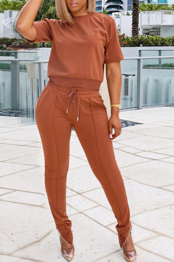 Street Fashion Solid Tee Top & Zipper Slit Pants Set
